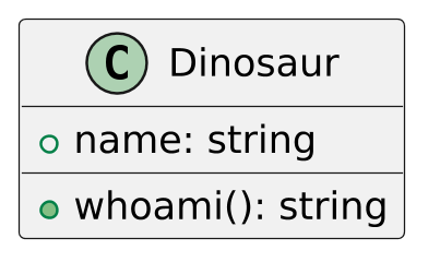 @startuml dinosaur_methods
scale 2.5
skinparam backgroundcolor transparent
skinparam defaultFontName Hack
class Dinosaur {
+name: string
+whoami(): string
}
@enduml