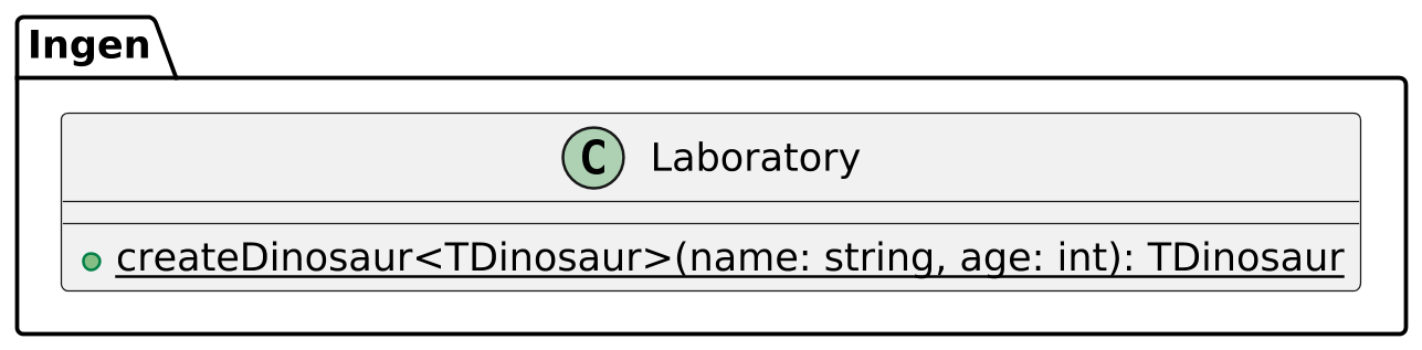 @startuml

scale 2.5
skinparam backgroundcolor transparent
skinparam defaultFontName Hack
left to right direction


package Ingen {

    class Laboratory {
        +{static}createDinosaur<TDinosaur>(name: string, age: int): TDinosaur
    }
}

@enduml
