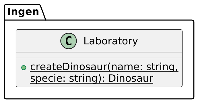 @startuml
scale 2.5
skinparam backgroundcolor transparent
skinparam defaultFontName Hack
left to right direction


package Ingen {

    class Laboratory {
        +{static}createDinosaur(name: string,
        {static}specie: string): Dinosaur
    }
}

@enduml