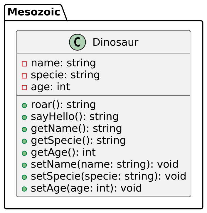 @startuml
scale 2.5
skinparam backgroundcolor transparent
skinparam defaultFontName Hack
left to right direction


package Mesozoic {

    class Dinosaur {
        -name: string
        -specie: string
        -age: int

        +roar(): string
        +sayHello(): string
        +getName(): string
        +getSpecie(): string
        +getAge(): int
        +setName(name: string): void
        +setSpecie(specie: string): void
        +setAge(age: int): void
    }
}

@enduml